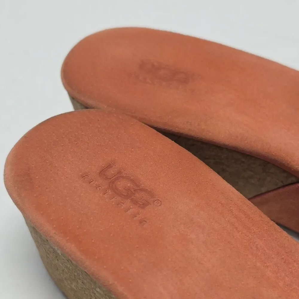 UGG Brook Cork Wedge Coral Orange Suede Thong Sandals Women's 7 Y2K Boho - Picture 3 of 11